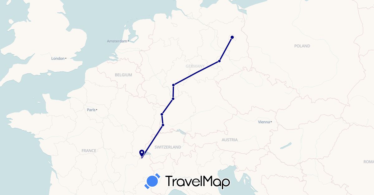 TravelMap itinerary: driving in Switzerland, Germany, France (Europe)